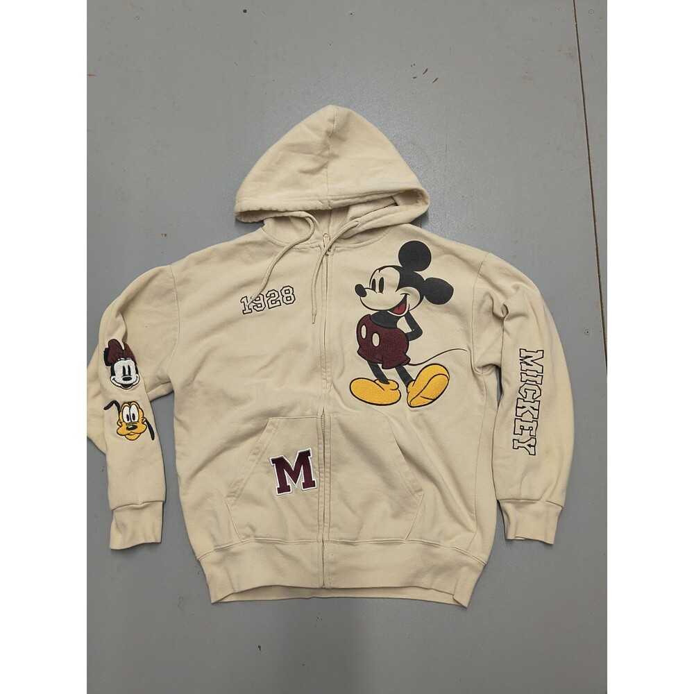Disney Mickey Mouse Full Zip Hoodie Ivory Embroidered Pluto Minnie 1928 Jacket